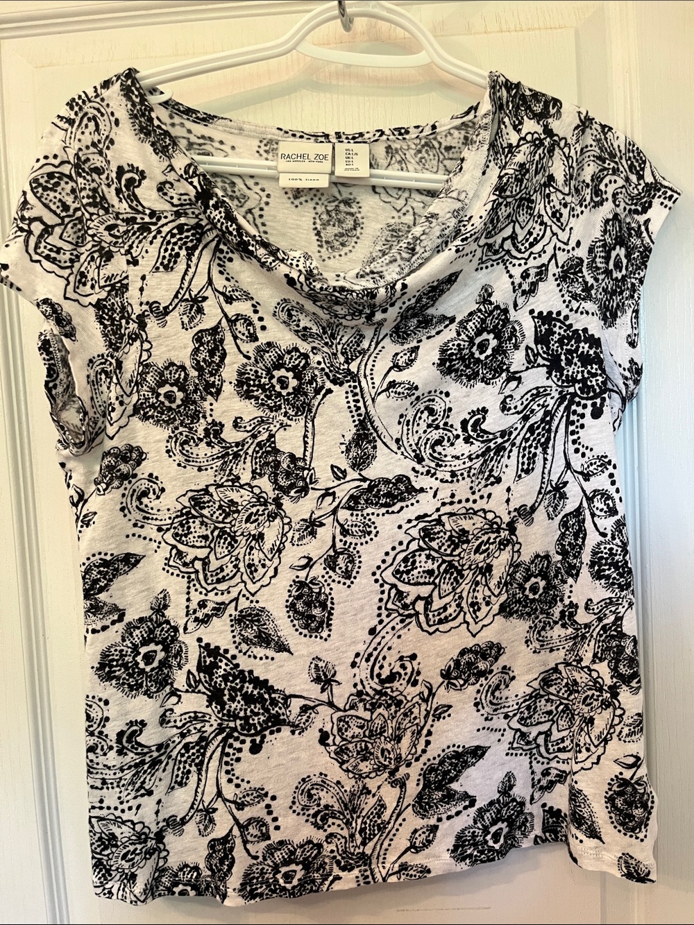 Rachel Zoe Linen Black & White Floral And Paisley Cowl Neck Tank Top